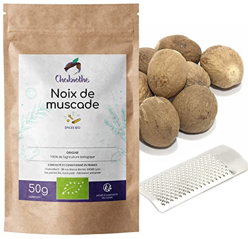 Chabiothé - 10 Noix de muscade Bio entières 50g + râpe - conditionné en France