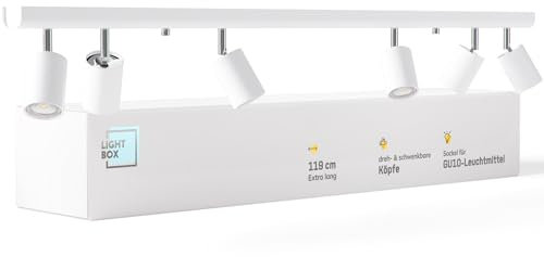 Lightbox LED Deckenlampe | 6 flammig | 9 x 119 x 15 cm | Decken-Strahler mit schwenkbaren Spots | Lampe für Wohnzimmer, Küche oder Schlafzimmer (innen) | 6 x GU10 Fassung | aus Metall in Weiß