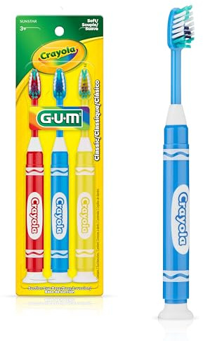 GUM Crayola Marker Children’s Toothbrush, Soft Bristled Kids’ Toothbrush Set Age 3+, Suction Cup Base, 3 Count