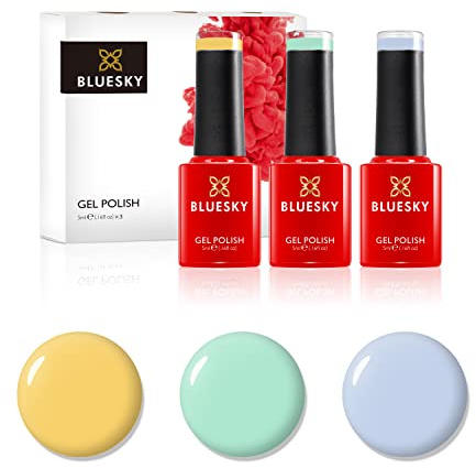 BLUESKY Gel Polish, Gel Nagellack Set, Rainbow Pastels. Pastel Yellow A115, Groovy Green Dc105, Faded Blue Qxg741. 3 x 5 ml Blau, Gelb, Grun