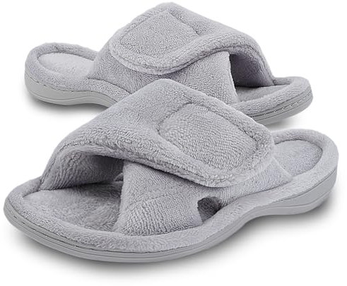 Git-up Chaussons Femme Mousse à Mémoire avec Support de l'arche Ajustable Crochet et Boucle Diabétique Large Bout Ouvert Pantoufles de Maison Extérieur et Intérieur, Gris 9.5/10.5