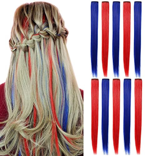 LVSHANGMAO 10 Stück farbige Haarverlängerungen, mehrfarbige Party-Highlights Clip in synthetische Haarverlängerungen 21 Zoll (blau rot)