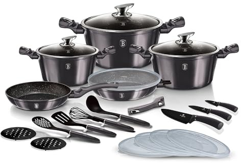 Berlinger Haus, Batterie de Cuisine de 22 Pièces, Collection Carbon Pro, revêtement en marbre antiadhésif à 3 couches, Poignée de touche souple ergo, Convient à tous types de plaques de cuisson