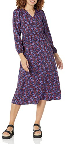 Amazon Essentials Robe midi légère en Georgette à Manches Longues avec col en V (Disponible en Grande Taille) Femme, Bleu Foncé Pensée (Fleur), M