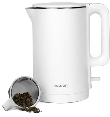 Noaton K2W Essential, Elektrische Wasserkocher, Kapazität 1,7, Doppelwand-Design, Edelstahl, 1500 W, Leise, 360°-Sockel, BPA frei, Weiß