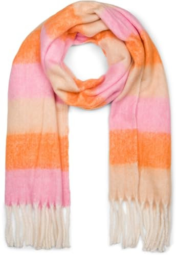 styleBREAKER Damen Web-Strickschal mit breiten bunten Streifen und dicken Fransen - Warmer Winter-Schal, mehrfarbig 01017160, Farbe:Braun-Orange-Rosa