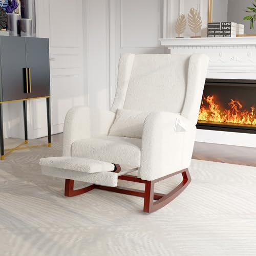 BursDany Fauteuil à Bascule en Tissu Peluche, Chaise a basule avec Oreiller Lombaire, Poche latérale et Repose-Pieds, Rocking Chair, Fauteuil de Salon à Bascule pour Salon, Chambre, Beige