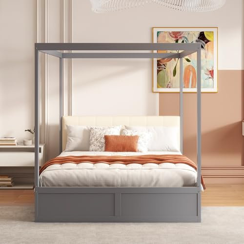 YuQozii Cama con dosel, 140 x 200 cm, con cajones grandes y respaldo suave, cama de madera (gris)