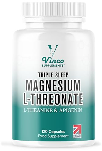 Vinco Triple Magnesium L-Threonate with L-Theanine & Apigenin – 120 Capsules - 3-in-1 Apigenin Threonate Supplements for Sleep & Relaxation - Triple Magnesium Complex Made in The UK