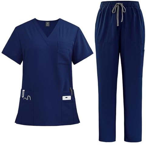 Yunshenla Ensemble Femme 2 Pcs Blouse Medicale et Pantalonde Travail Femme Taille Elastique - Tenue Aide Soignante Uniforme Infirmiere Professionnelle avec Poches et Cordon de Serrage, S 2XL