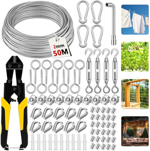 CIANBIFN 50M Cable Acero 2mm, 81pcs Cable de Acero Inoxidable 304 Recubierto de PVC con Cortador de Alambre, Tensores de Alambre Para Colgar Luces De Cadena,Toldos, Tendedero,Soporte Planta