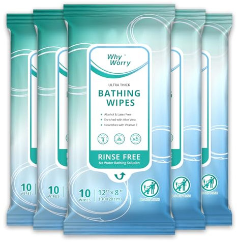 WhyWorry Ultra Thick Body Wipes for Adults No Shower, Shower Wipes with Aloe for Women, Men & Elderly, Extra Large Bed Bath Cloths for Cleansing, Camping, Gym & Travel, Fresh Scent, 20x30 cm, 50 Count