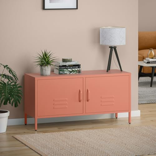 skølm TV Schrank mit 2 Türen Lowboard Metall TV Möbel Tisch Board Sideboard Fernsehtisch Fernsehschrank HiFi-Schrank terrakotta BxTxH 110x38x55 cm