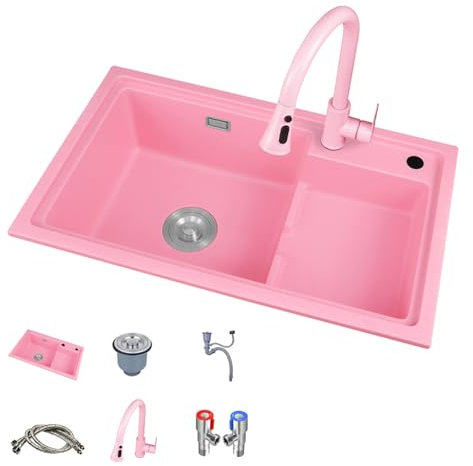 Lavello da cucina rosa – doppio montaggio in granito composito doppia vasca reversibile basso divisore – lavello da cucina bar per elegante decorazione domestica