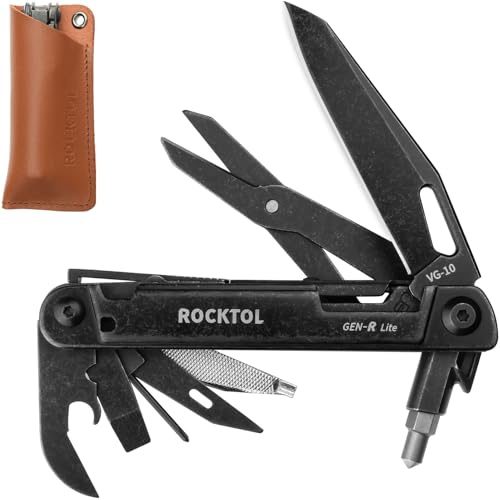 ROCKTOL Multiverktyg Gen-R Lite, EDC-fickkniv VG10-blad, kompakt 15-i-1 multiverktyg med skruvmejsel, stor sax, glasbrytare, läderslida, lätt för vandring, camping