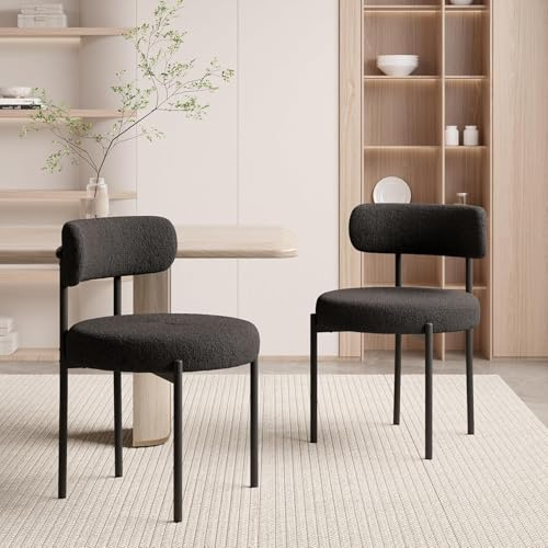 Hawthyhome Dining Chairs Set of 2 Upholstered Teddy Boucle Fabric Black | Modern Kitchen Chairs with Curved Backrest & Black Metal Legs,Dining Chair for Kitchen,Dining Room,Restaurant