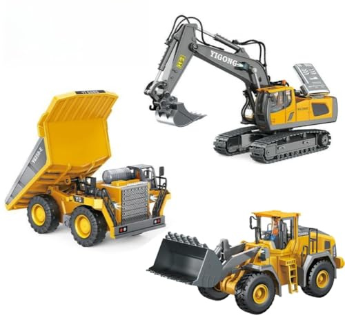 ADTHLIER Remote Control Excavator (11-Channel), Dump Truck, Loader(9-Channel), 2.4GHz Remote Control Construction Vehicles, Metal Construction, with Cool Lights and Sound Effects, 3-pcs