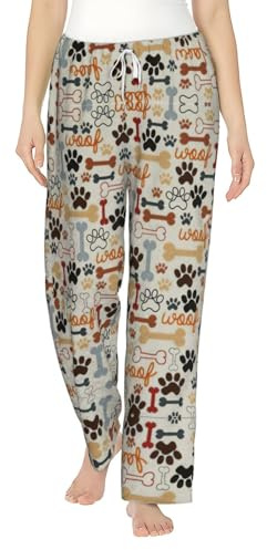 ZXERTG Hundben tassavtryck mode dam flanell pyjamasbyxor, perfekt för avkoppling i sängen, på soffan, Svart, M
