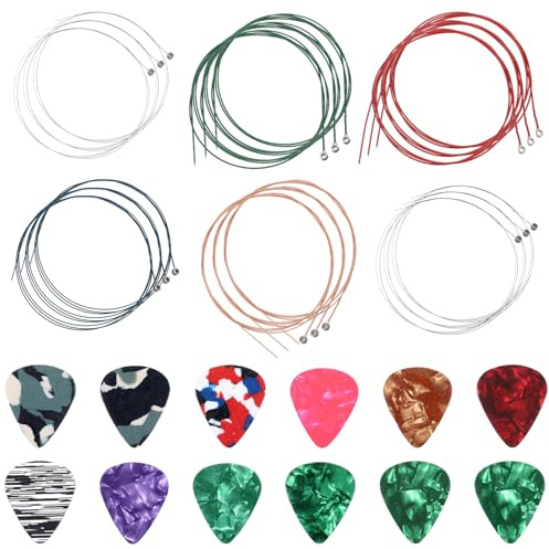 Gitarrensaiten, Mehrfarbige Gitarrensaiten für elektrische und akustische Gitarre, 3 Sets Ersatz Stahlgitarrensaiten mit 12 Stück Celluloid Gitarrenpflücken (3 Größen, 6 Teile pro Set)