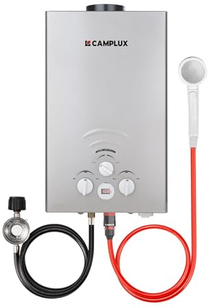 CAMPLUX Portable Tankless Water Heater 55,000 BTU, 2.11 GPM Instant Propane Gas Shower for Camping, RV, Outdoor, Battery Operated with Handle, Gray, BW211G