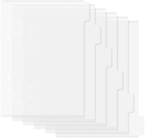 Nogeqi 6 separadores para carpetas, hojas separadoras gruesas A5, transparentes, A5, con 6 pestañas para carpetas, hojas sueltas, cuaderno, organizador personal, plantillas de anillas