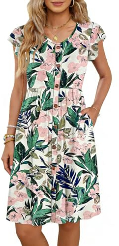 XIVISTO Vestidos Verano Mujer Cuello en V Elegante Vestido de Manga Corta Estilo Imperio Informal Midi Vestidos de Playa con Bolsillos