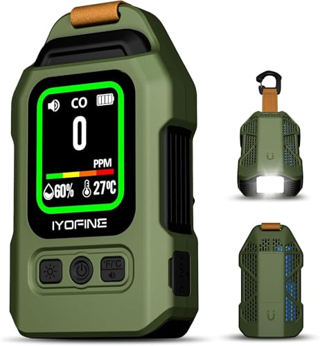 Detector de monóxido de Carbono portátil con 300 Horas de autonomía de batería, termohigrómetro, Alarma y luz de Emergencia – Ideal para Camping y Viajes