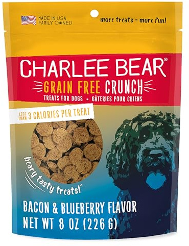 Charlee Bear Crunch Grain Free Dog Treats, Bacon and Blueberry, 8 Ounce Resealable Bag, Low Calorie Training Treats for Dogs, Limited Ingredient, Healthy, Crunchy Dog Snacks, Made in USA
