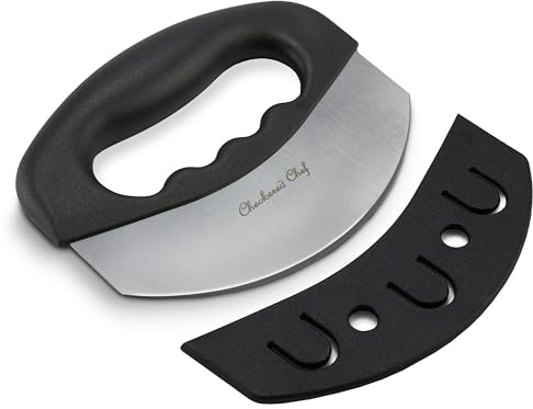 Checkered Chef Salad Chopper Tool with Cover, Mezzaluna Knife Stainless Steel Vegetable Rocker, Mincer, Cutter