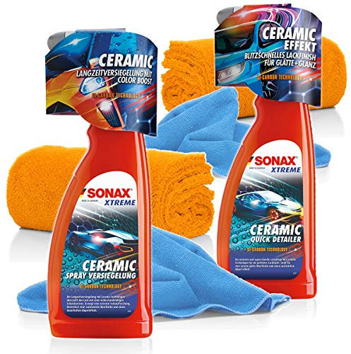 SONAX Xtreme Ceramic Versiegelung & Detailer Set: Ceramic SprayVersiegelung 750ml + Ceramic QuickDetailer 750ml + 2 Mikrofasertücher 320GSM + 550GSM