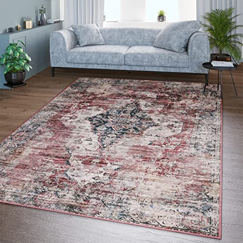 TT Home Wohnzimmer Teppich Flachgewebe Marokkanisch Design Used Look Ornamente Waschbar, Farbe: rot, Größe:140x200 cm