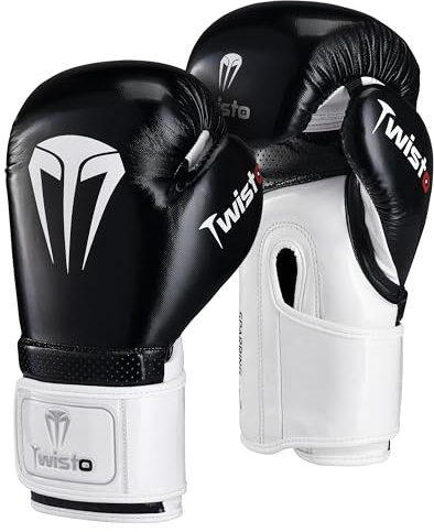 Twisto Boxing Gloves - Pro Training & Sparring, Maya Hide Leather, Muay Thai, MMA, Kickboxing, Men, Women, Adults, Heavy Punching Bag, Focus Mitts, Pads, Gym Workout (Black/White, 16 oz)
