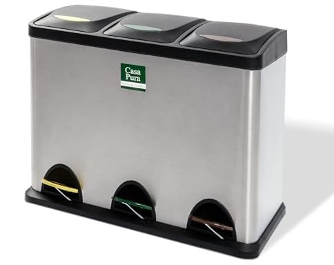 casa pura Mülleimer Trennsystem Brandon | Testurteil Gut | Treteimer aus Edelstahl | Abfalleimer für die Mülltrennung in der Küche, Mülltrennsystem | 2 Größen (3 x 8 Liter inkl. Müllbeutel)
