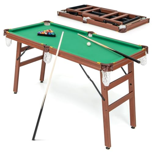 COSTWAY Table de Billard Americain Pliable avec Accessoires(2 Queues, 16 Boules, Triangle, 2 Craies, Brosse), Jeu de Billard avec Pieds Réglables, Marron et Tapis Vert, 138 x 67 x 79,5 CM