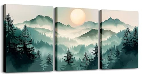 Homewish Boho berg inramad väggkonst set, akvarell tallträd väggmålning, abstrakt dimmig grön skog kanvas väggkonst modern natur landskap soluppgång väggdekor för vardagsrum, sovrum