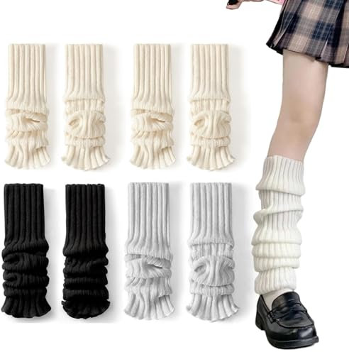 Ninnyi 4 Pairs Ribbed Knit Leg Warmers Ladie, Grey White Black Leg Warmer Kids