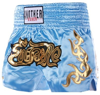 Miutii Kids Boys Muay Thai Shorts Kick Boxing Training Trunks Metallic Letter Side Slit Satin Boxing Shorts Light Blue 8-12 Years
