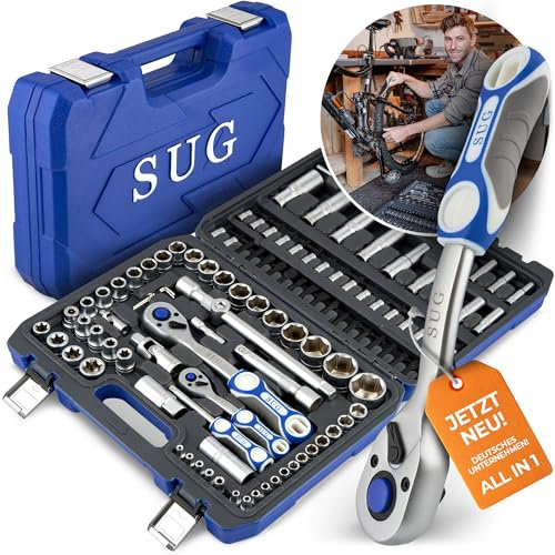 SUG - Werkzeugkoffer gefüllt 108-tlg - Steckschlüsselsatz 1/2 und 1/4 komplett bestückt - Werkzeugkasten/Ratschenkasten für Heimwerker, Haushalt & Werkstatt - Profi Steckschlüssel Set/Knarrenkasten