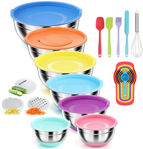 Pleafind 7-Pcs Mixing Bowl Set, Stainless Steel Mixing Bowls with Lids, 3 Grater Attachments, Nesting Salad Bowls with Non-Slip Bottoms, Sizes 4.5, 4, 3.5, 2.1, 1.5, 1.1, 0.7 Qt for Serving