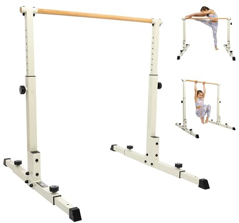 GRAVITY FITNESS Adjustable Kids Gymnastics Bar Junior CalisthenicsTraining Bar for Ages 3–7 - Safe & Sturdy Home Gymnastics Equipment - Adjustable Height from 76cm to 112cm Wooden Top Bar