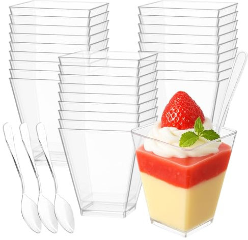 EASYKEENECOM Set di 25 Bicchieri da Dessert in Plastica 160 ml (5,4 oz) – Con 25 Cucchiaio – Riutilizzabili Coppette Dessert, Rettangolari – Ideali per Dolci Fatti in Casa, Budino, Mousse, Gelato