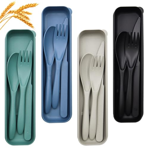 OMJMYY 4 Piezas Juego de Cubiertos de Viaje con Estuche, Juego de Utensilios Reutilizables de Plástico Portátil, Cuchillo Tenedor Cuchara para Camping Picnic Oficina Escuela o Uso Diario