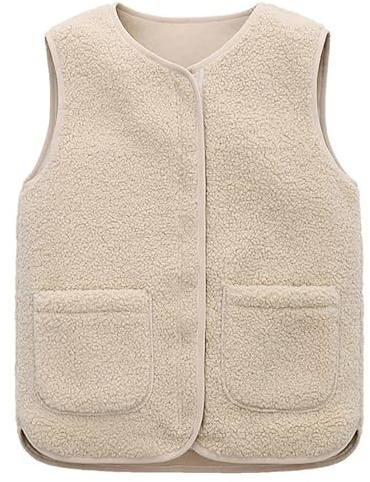 Vinuwu Gilet sans manches pour femme - Gilet teddy - Couleur unie - Col en V - Boutons - Gilet polaire - Gilet en fourrure - Gilet court en peluche - Gilet d'automne, blanc crème, L