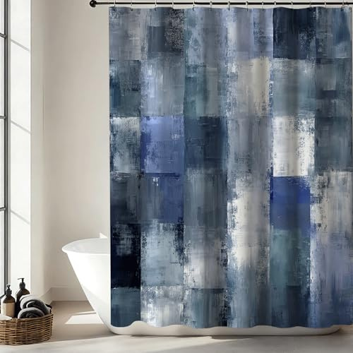 Mocsicka Blue Vintage Patchwork Shower Curtain, Modern Grey and Blue Shower Curtain, Waterproof Fabric Farmhouse Gingham Bath Curtain for Abstract Modern Bathroom Decor, 72 X 72 Inch