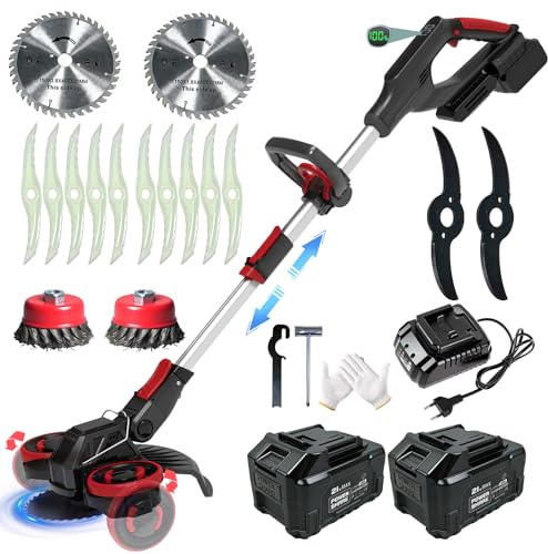 Desbrozadora Bateria, Cortabordes Bateria con 2 baterías y 4 Tipos de Cuchillas,Desbrozadora Electrica con Ruedas y Cepillo de Malas Hierbas, 945W Motor Brushless, Cortacesped Electrico 4 En 1,Negro