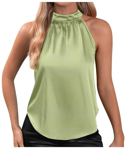 Top Halter de satén y Seda para Mujer sin Mangas con Cuello Alto y Abertura Keyhole, Blusa Elegante y Moderna para Verano, Eventos, Fiestas y Looks Casual Chic Diarios