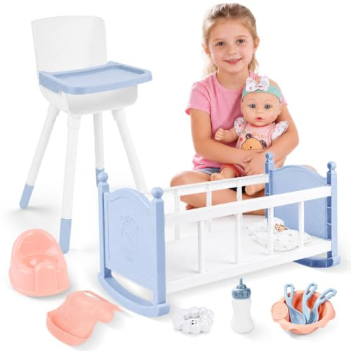 deAO 14Pcs Kit Accessoire Bébé Poupée avec 30cm Poupée Interactive Bleu