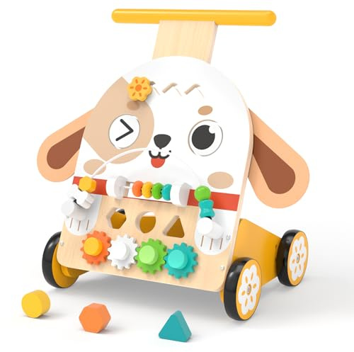 Fozcmisw gåvvagn trä hund Montessori 6-i-1 från 1 år, motorikkub | Gåvagn i söt hunddesign, 6-i-1: pärllabyrint, formsorterare, kugghjul, klocka och snurra