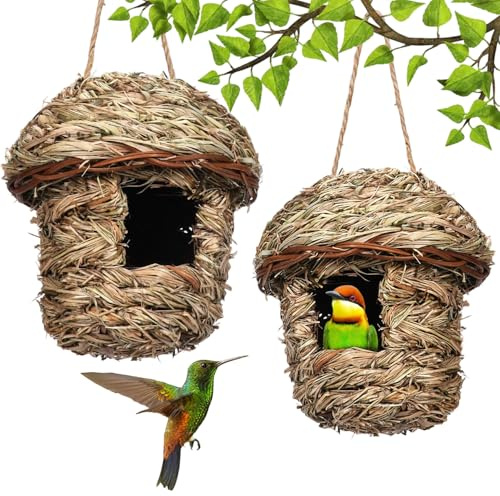 2 Piezas Nido Pajaro, Nido Pajaros Tejidas a Mano, Nidos de Pajaros Exterior, Casa de PáJaros de Paja para Pajaros, Casita Pajaros Exterior para Colibríes, Gorriones y Otras Aves Pequeñas