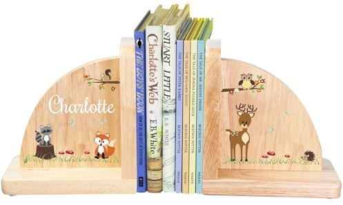 My Bambino Personalized Woodland Animal Bookends Natural Wood for Children's Books Animal Nursery | Baby Shower & Nursery Gift